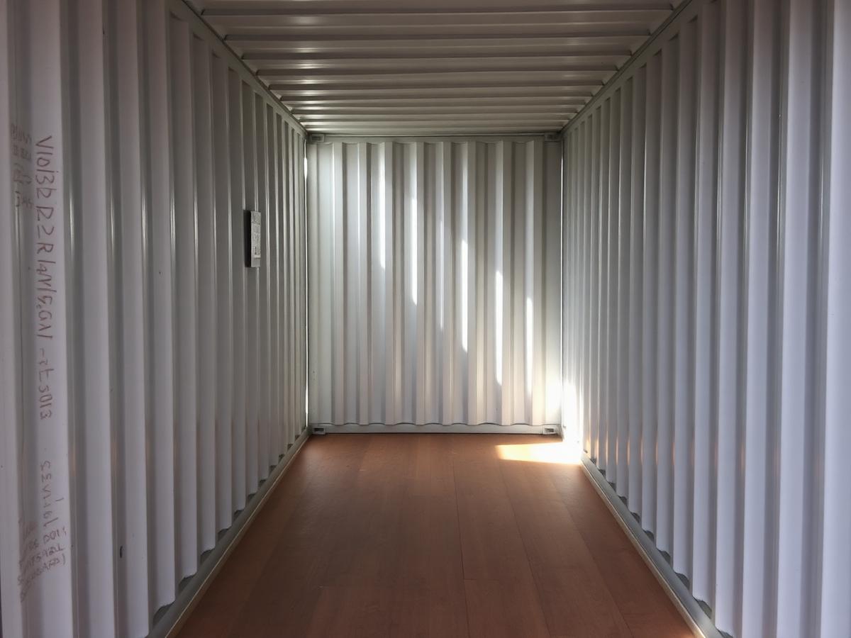 Intérieur d'un conteneur 20ft — parois cannelées et plancher bois